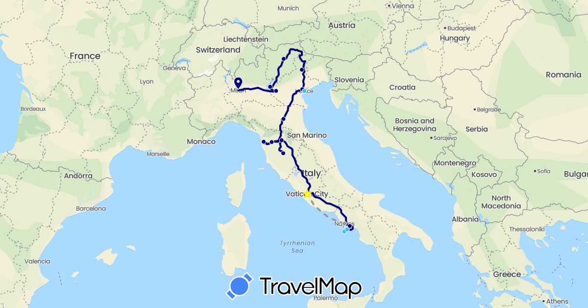 TravelMap itinerary: driving, plane, boat in Italy (Europe)