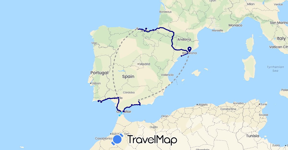 TravelMap itinerary: driving, plane, boat in Spain, Gibraltar, Morocco, Portugal (Africa, Europe)